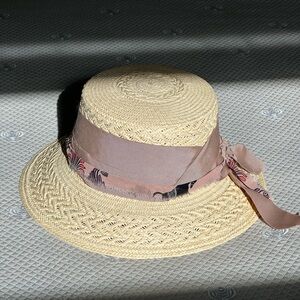 Sensi Studio Straw Lamp Shade W/Printed Fabric Band Hat in color Natural